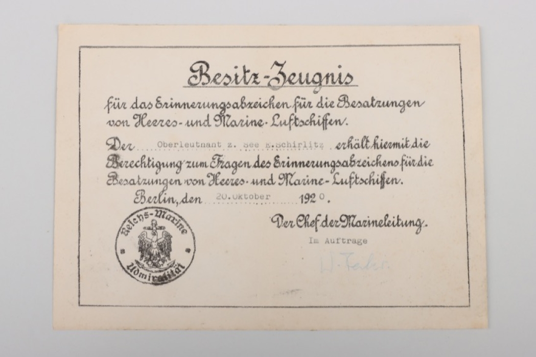 Schirlitz, Ernst - Erinnerungsabzeichen für Heeres-und-Marine-Luftschiffer certificate