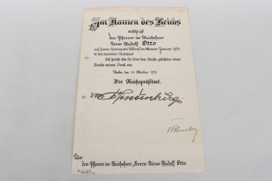 von Hindenburg & von Blomberg signed retirement document for a military chaplain