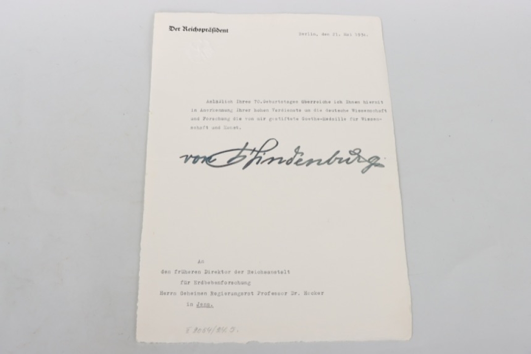 Hecker, Oskar - letter of congratulations signed by Paul von Hindenburg