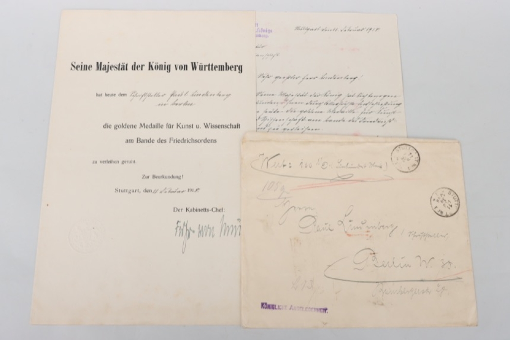 Lindenberg, Paul - Württemberg - Goldene Medaille für Kunst und Wissenschaft am Bande des Friedrichordens certifiacte & letter