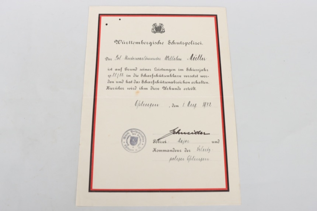 Württemberg - Schutzpolizei snipers badge certificate