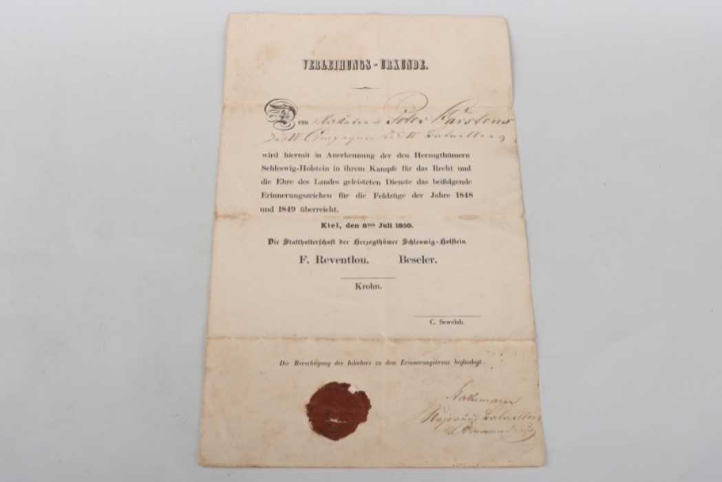 Schleswig-Holstein - 1849 Memorial cross certificate