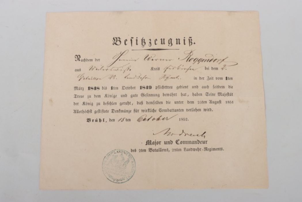 Hohenzollern Denkmünze für Kämpfer 1848–1849 certificate