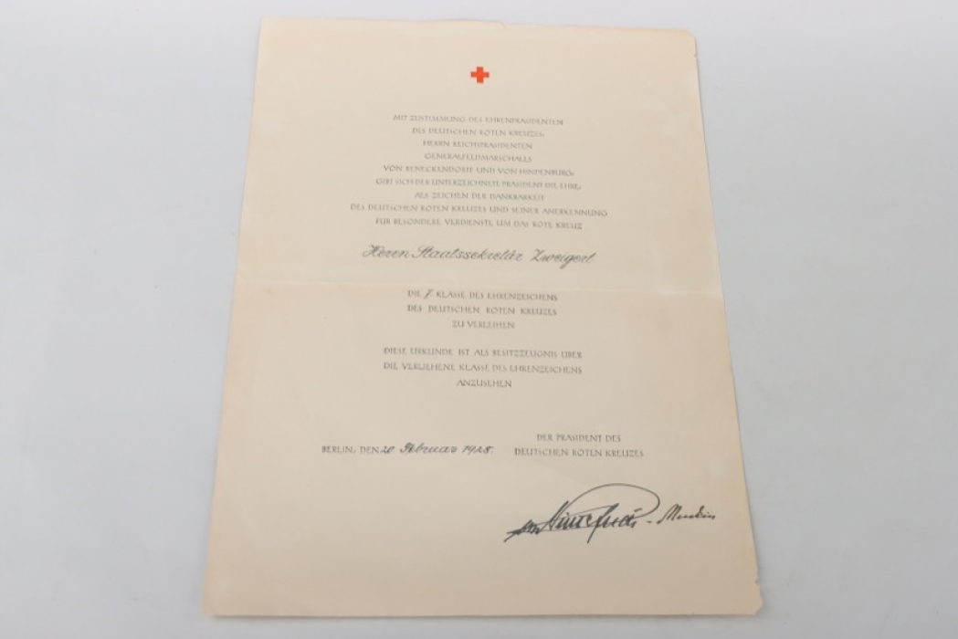 Red Cross Honor Badge 1st Class certificate