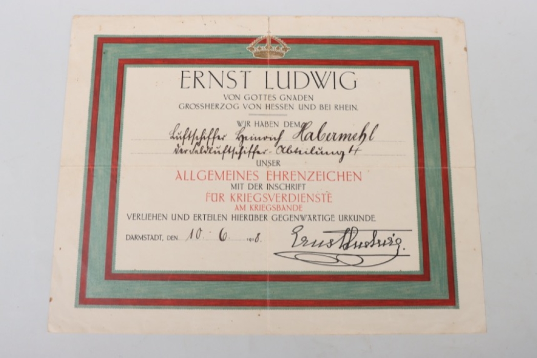 Hessen - Feldluftschiffer Abteilung 4 - General Badge of Honour "FÜR KRIEGSVERDIENSTE" certificate