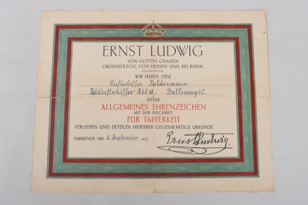 Hessen - Feldluftschiffer Abteilung 11 - General Badge of Honour "FÜR KRIEGSVERDIENSTE" certificate