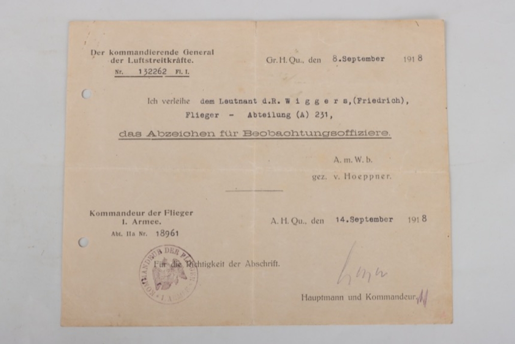 Flieger Abteilung (A) 231 - Oberserver's Badge certificate