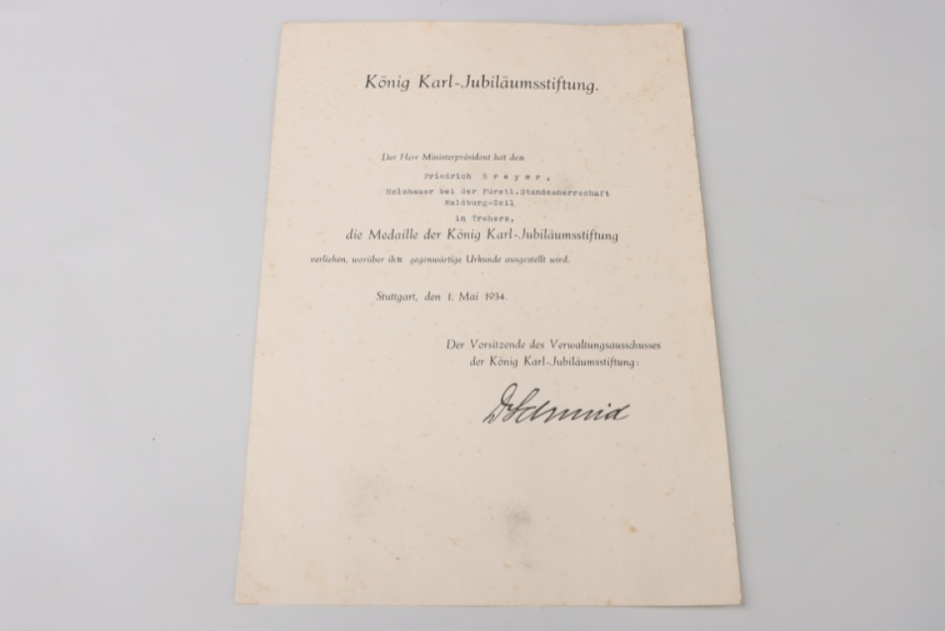 Freistaat Württemberg Medaille der König Karl-Jubiläumsstiftung certificate