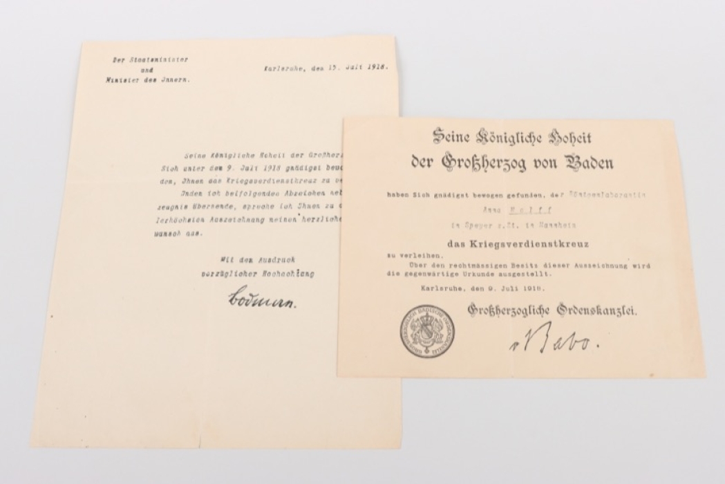 Baden - Kriegsverdienstkreuz certificate for a woman