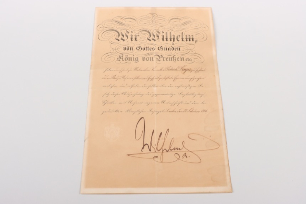 Wilhelm II Autograph on Erinnerungszeichen zur Silbernen Hochzeit 1906 certificate