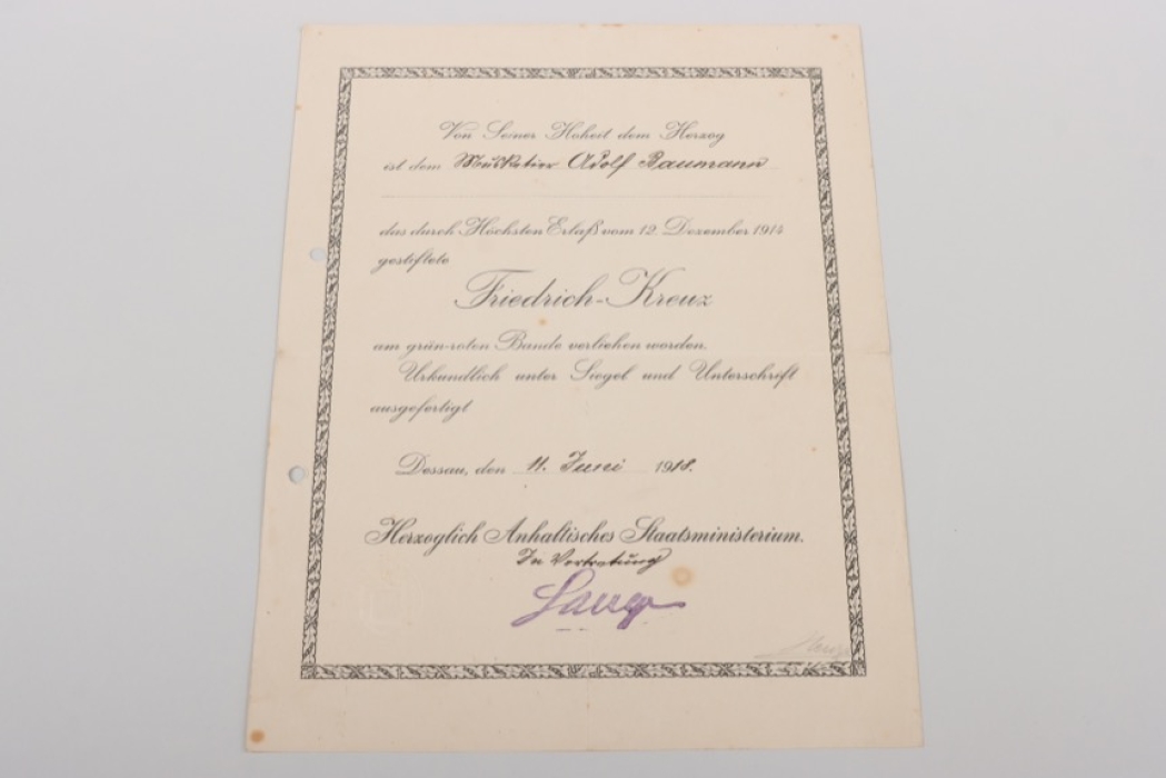 Anhalt - Friedrich Kreuz am Bande für Kämpfer certificate