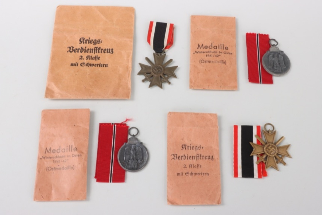 2 x War Merit Cross 2nd Class with Swords in envelope, 2 x Eastern Front Medal in Envelope