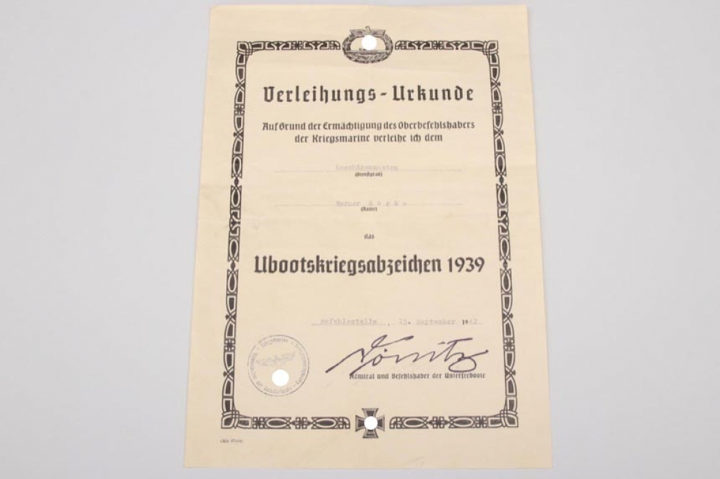 U-658 U-Boot War Badge certificate